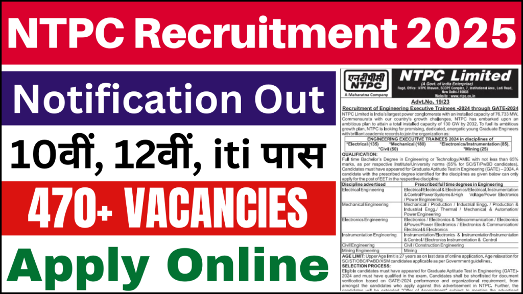 NTPC Recruitment 2025, 475 EET Posts, Eligibility, Selection Process, and Application Guide